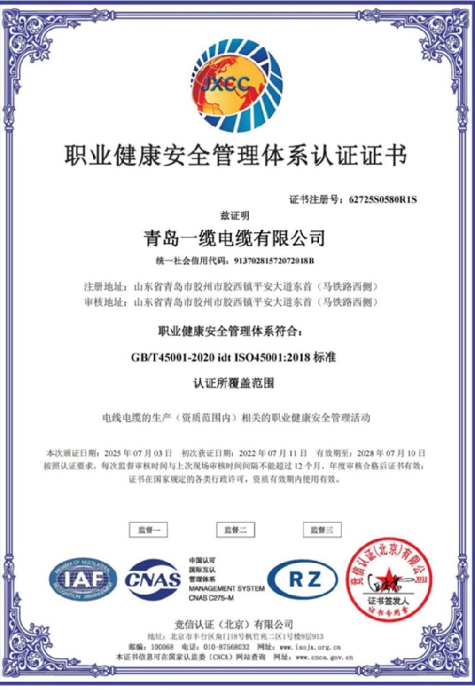 职业健康安全管理体系认证证书